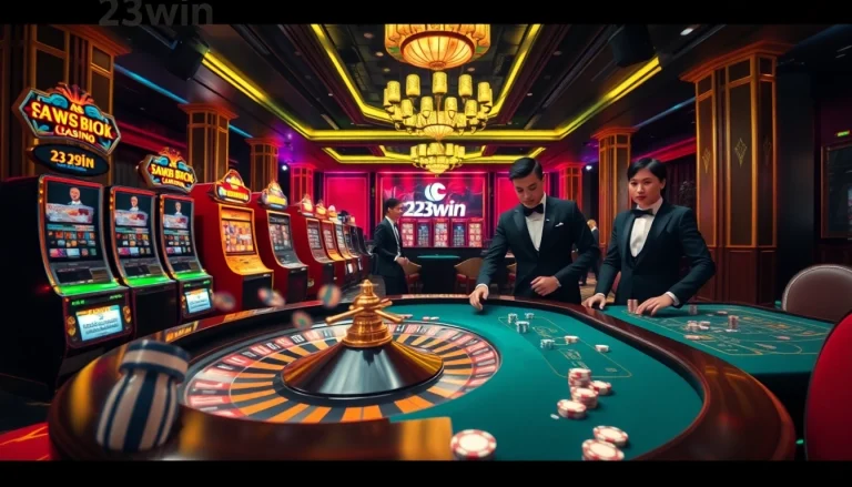 Experience the excitement of 23win with luxurious casino scenes featuring thrilling gambling action.
