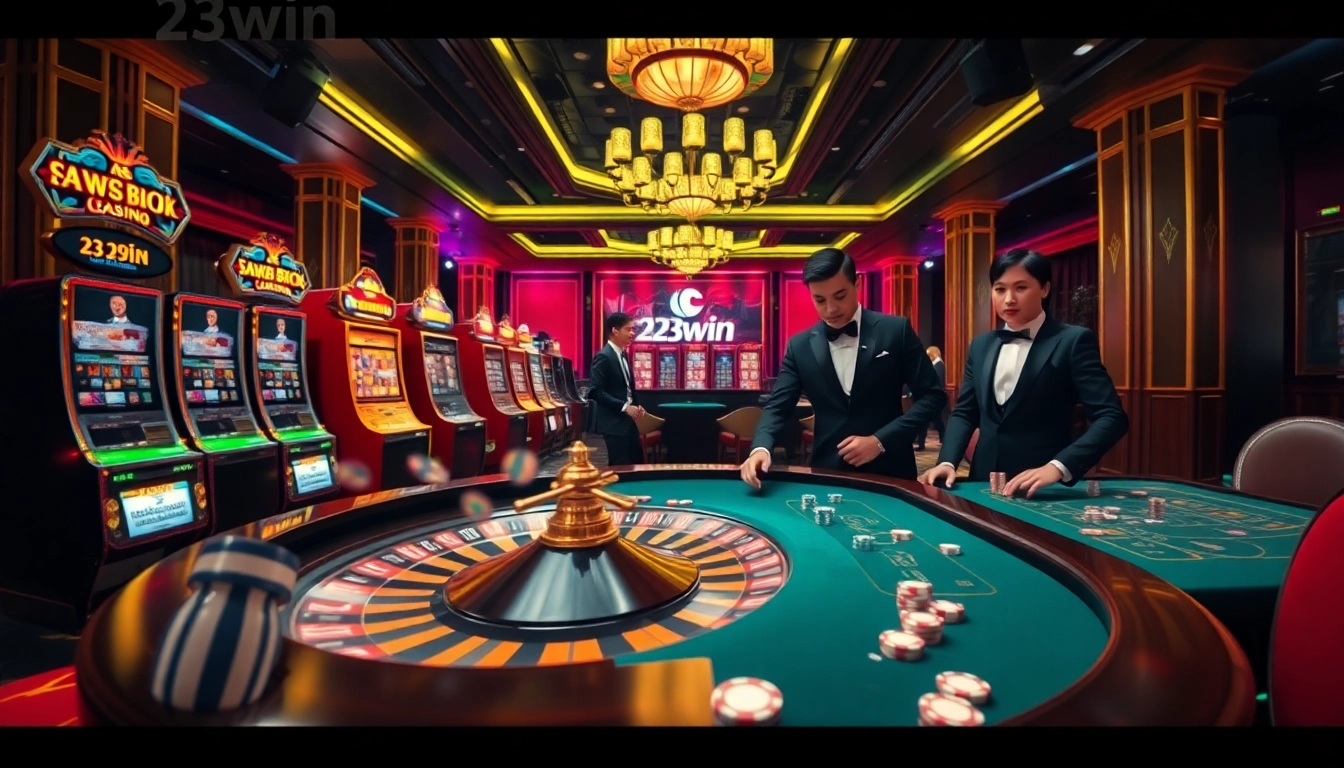 Experience the excitement of 23win with luxurious casino scenes featuring thrilling gambling action.