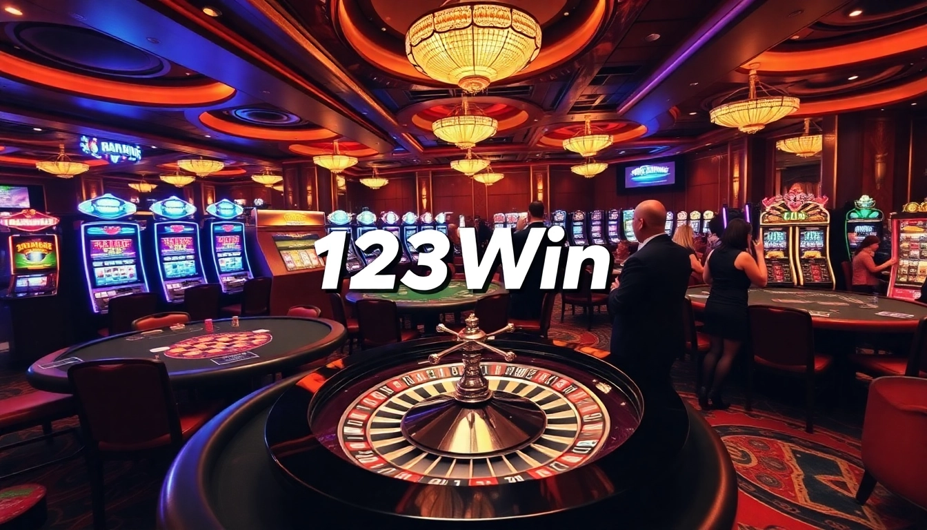 Players enjoy gaming excitement at 123Win's luxurious casino layout with colorful slot machines.