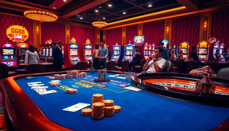Players enjoying a thrilling moment at a GG88-themed poker table in a luxurious casino.
