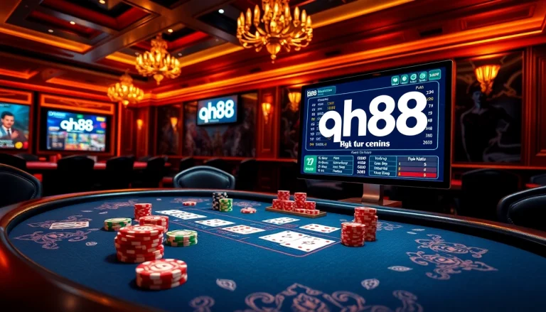 Exciting poker scene featuring qh88 elements, chips, cards, and a digital interface.