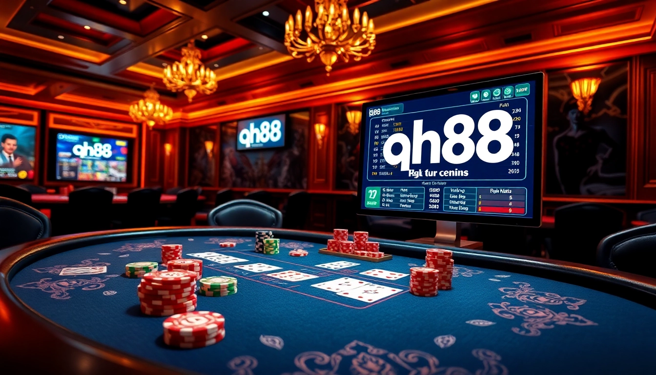 Exciting poker scene featuring qh88 elements, chips, cards, and a digital interface.