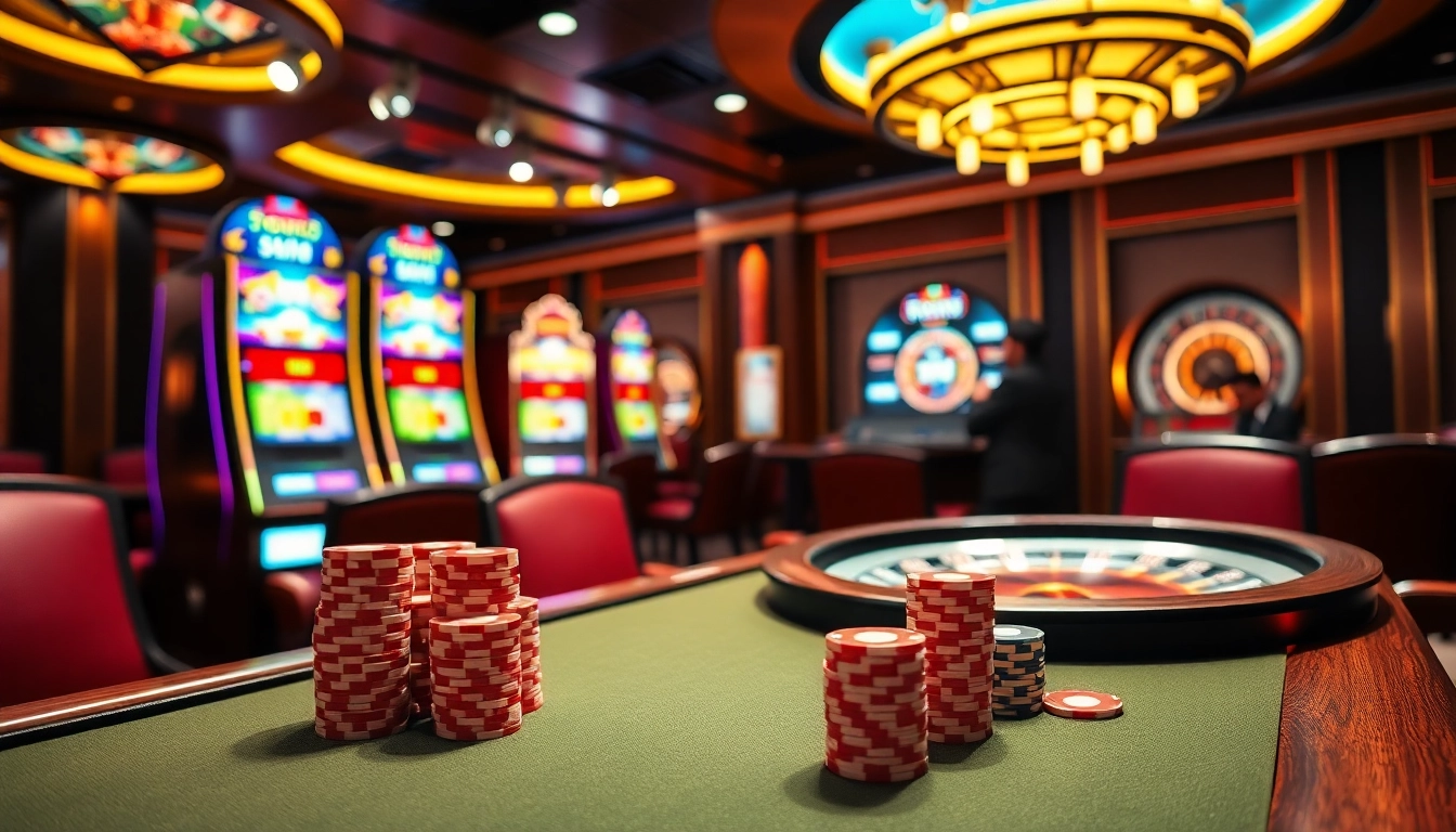 Experience the excitement of gambling at fun79 with vibrant poker tables and slot machines.