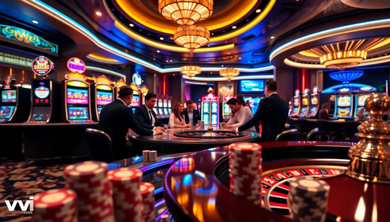 Experience excitement at a vvjl casino with players engaging in high-stakes poker and vibrant slot machines.
