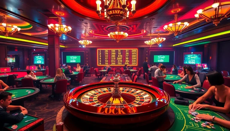 Cảnh casino đầy hứng khởi tại https://luck8.com với bàn roulette và người chơi đang tận hưởng cảm giác hồi hộp.