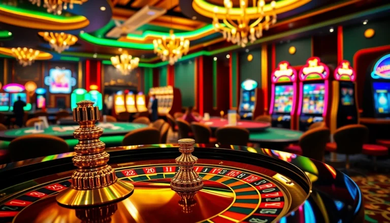Experience excitement at https://luckywin.tech/ with a vibrant casino scene featuring roulette, cards, and players.