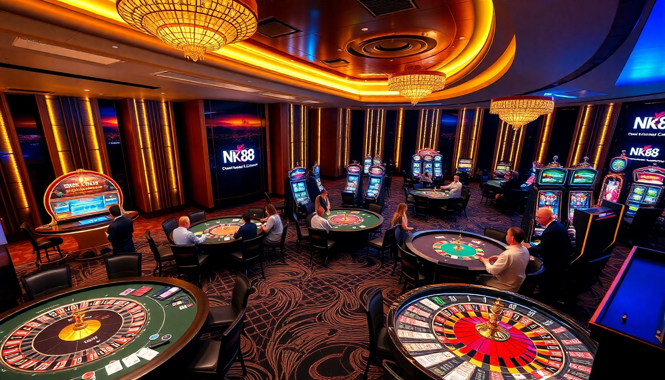 NK88 casino experience showcasing poker tables, vibrant roulette, and engaging players.