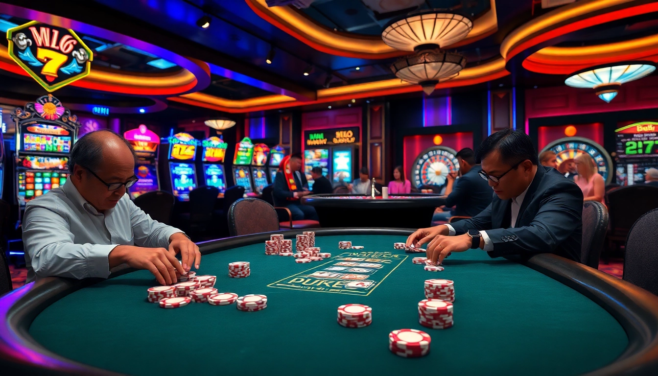 Gambling action at Nhà Cái MV66 with a luxurious poker table and vibrant casino atmosphere.