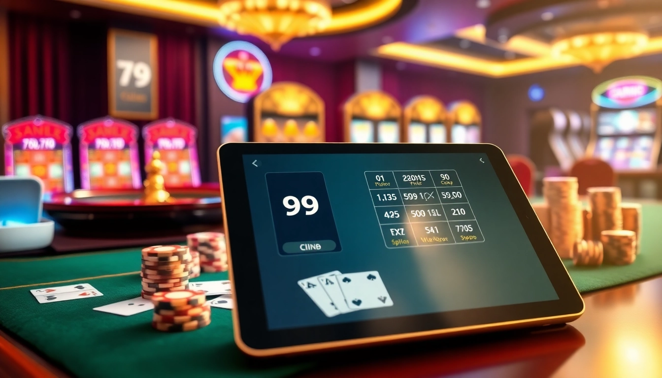 Experience the thrill with cổng game 789club showcasing vibrant casino elements like poker chips and slot machines.