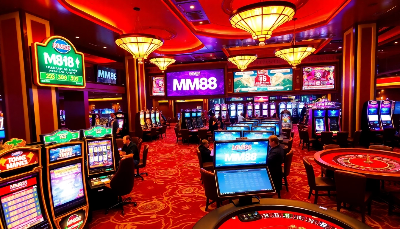 Experience the excitement of MM88 with luxurious casino visuals showcasing vibrant games and gambling.