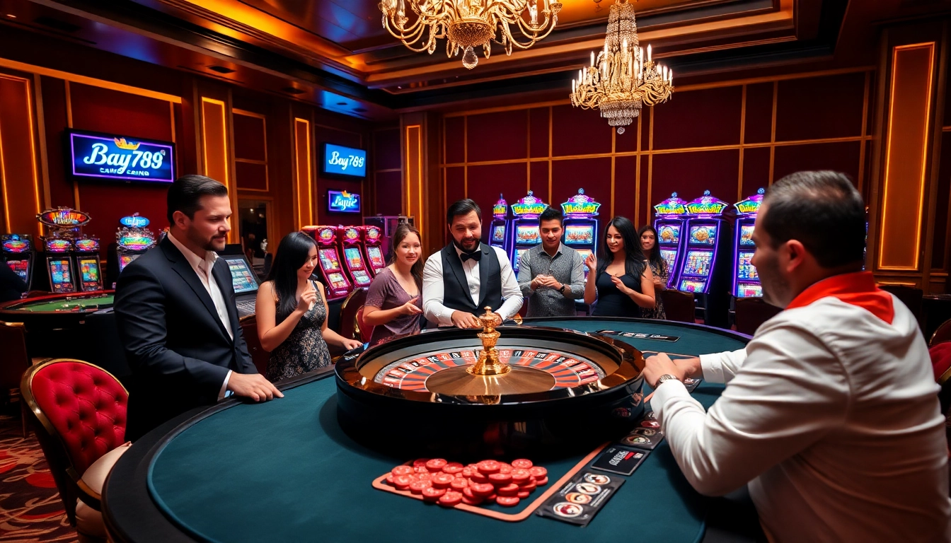 Bay789 casino scene with a roulette table, professional dealer, and vibrant players celebrating wins.