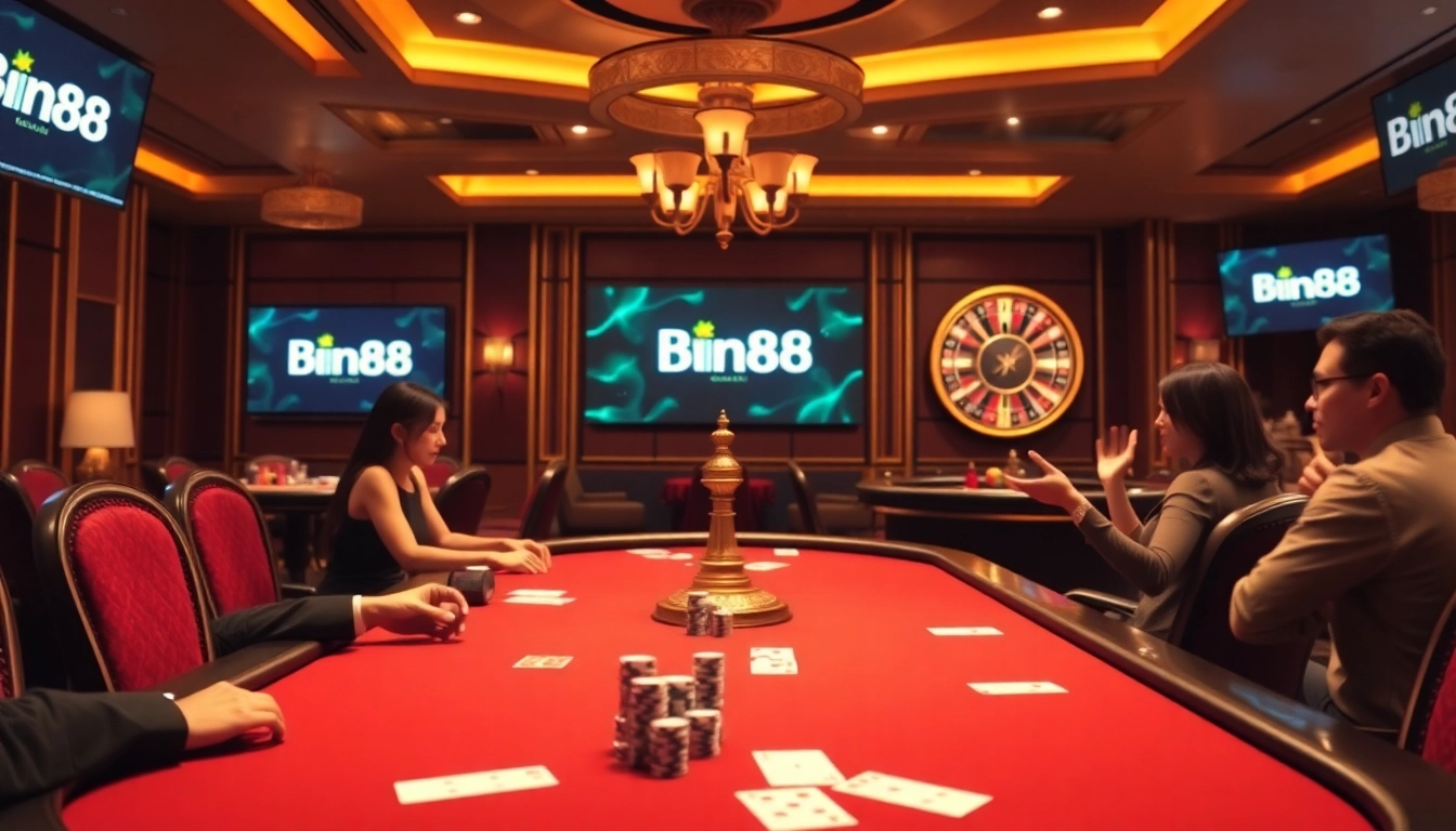 Experience Bin88 gaming at a luxurious casino table featuring poker chips, cards, and roulette.