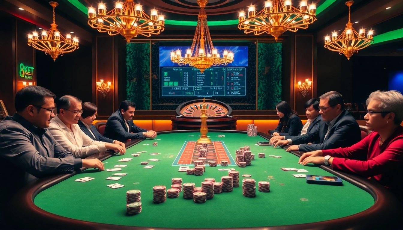Players at a vibrant poker table enjoying a game at 8KBET's luxurious online casino.