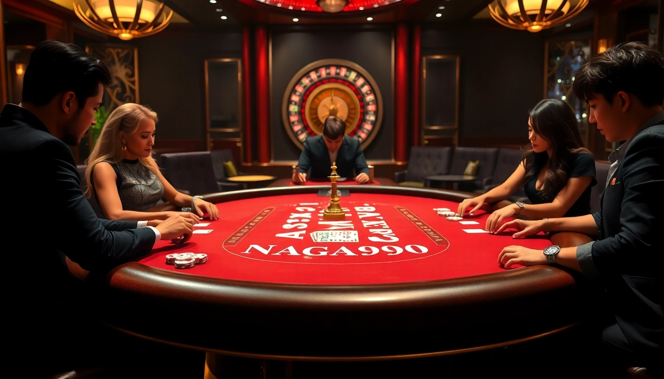 Naga99 players enjoying a thrilling game at a luxury casino table with chips and cards.