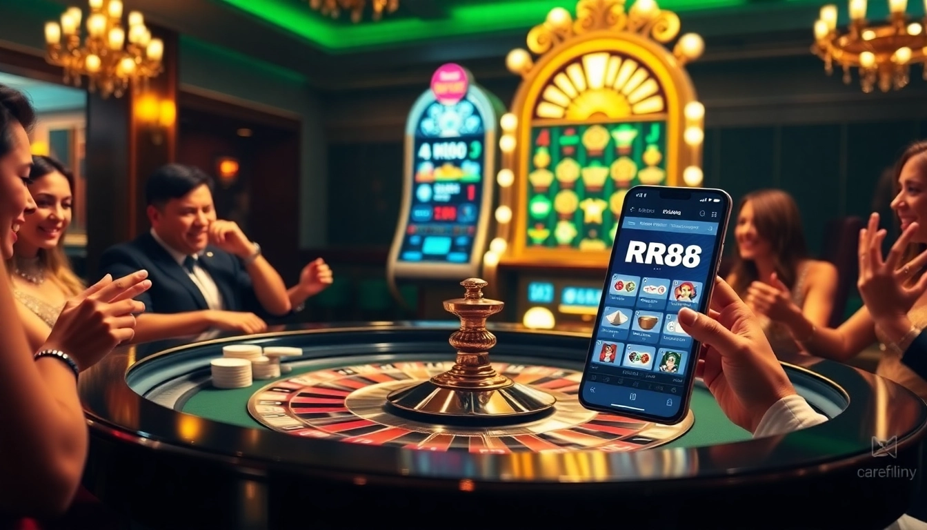 Players enjoying a thrilling game at RR88 casino with vibrant roulette and slot machines.