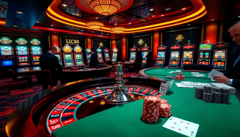 Experience the thrill of Đăng Ký LC88 in a luxurious casino setting with roulette and poker.