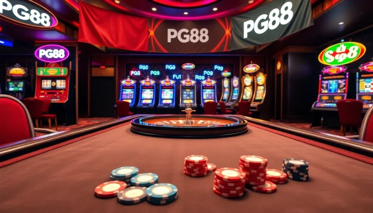 Play at PG88 casino with vibrant poker chips and slot machines in a luxurious setting.