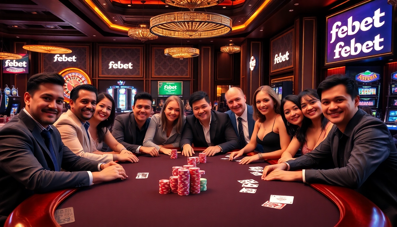 Febet poker players engage in a thrilling game at an elegant casino table.