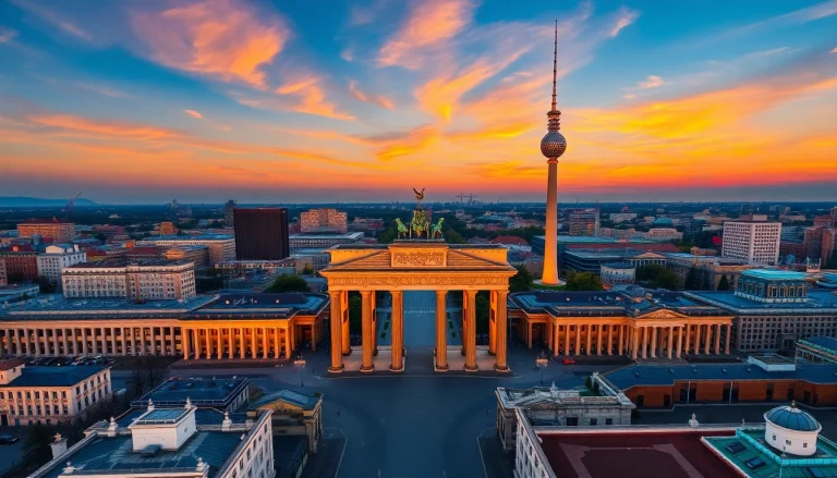 Drohnenaufnahmen Berlin von der Skyline mit dem Brandenburger Tor und dem Fernsehturm.