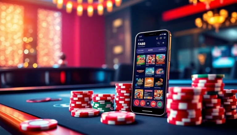 Engage in thrilling casino games with the FA88 app featuring poker chips and a vibrant roulette wheel.