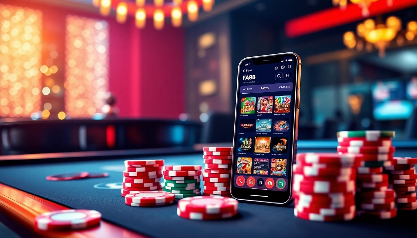 Engage in thrilling casino games with the FA88 app featuring poker chips and a vibrant roulette wheel.