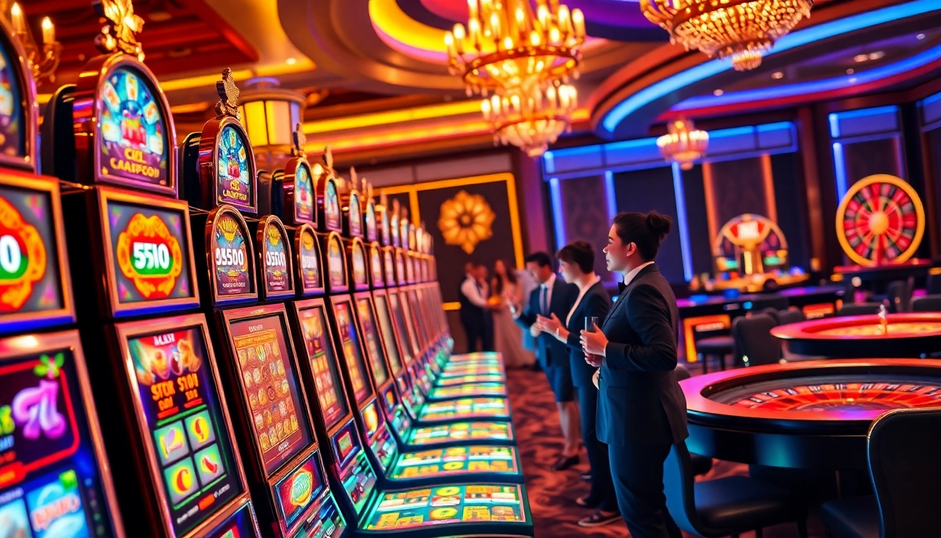 Players enjoying slot machines at a luxurious casino inspired by https://www.superslot365.net/ with vibrant colors and excitement.