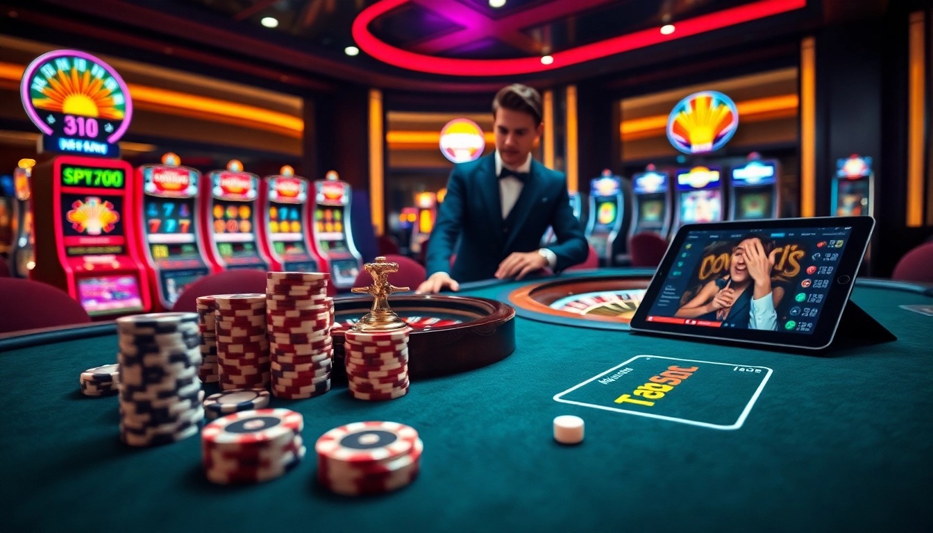 Exciting atmosphere of a casino gaming table at https://www.superslot365.net/ featuring poker chips and roulette wheel.