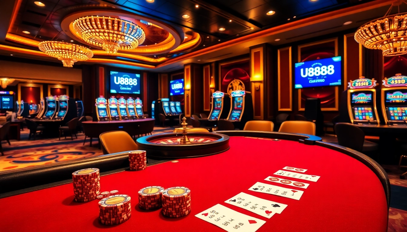 Experience the excitement of U888 with elegantly set casino tables and vibrant gambling activities.