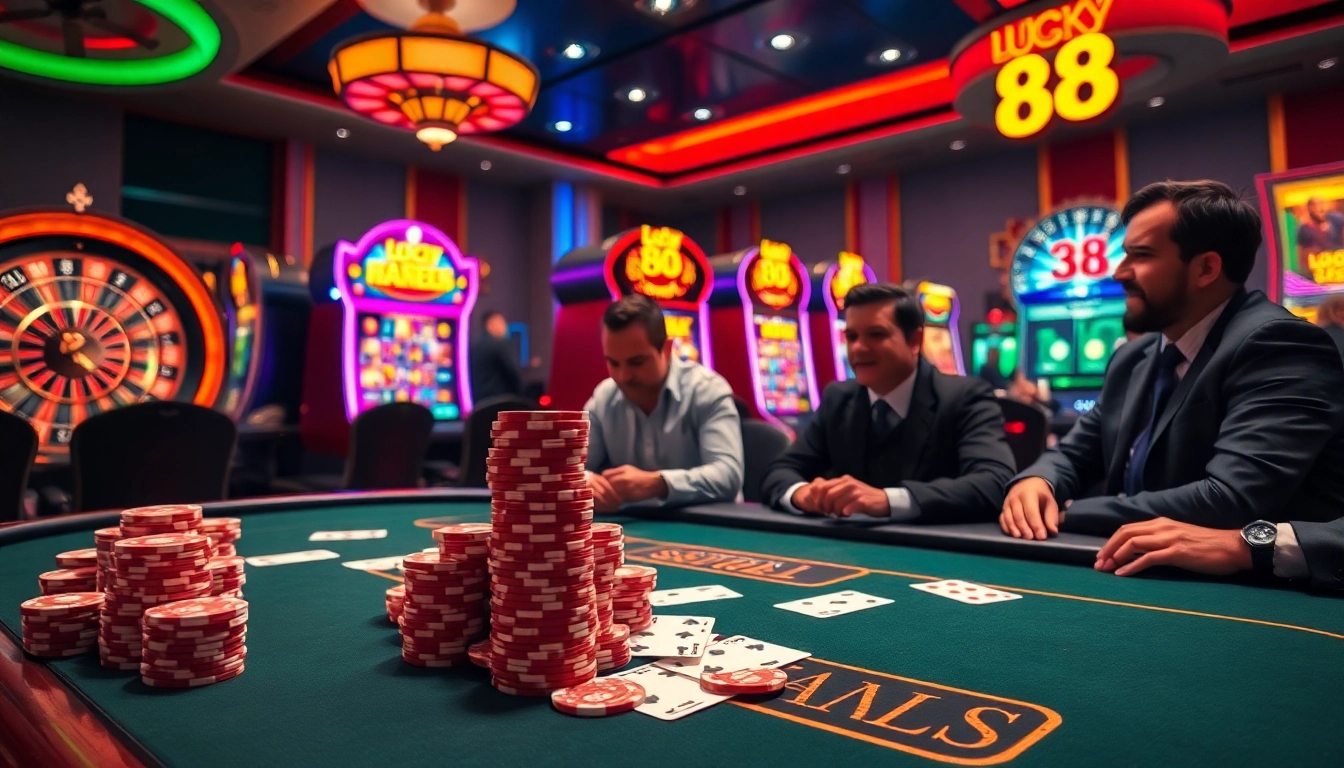Players engaging in a high-stakes lucky88 bet at a luxurious casino table, showcasing excitement.