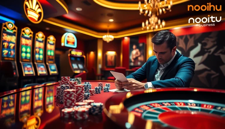 Experience the thrill of online gambling with https://nohu.business/ at an elegant casino table.