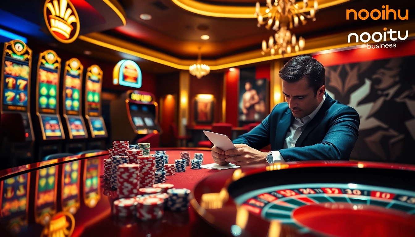 Experience the thrill of online gambling with https://nohu.business/ at an elegant casino table.