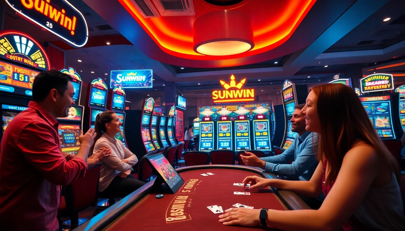 Sunwin casino players enjoying a vibrant gaming experience with slot machines and poker tables.