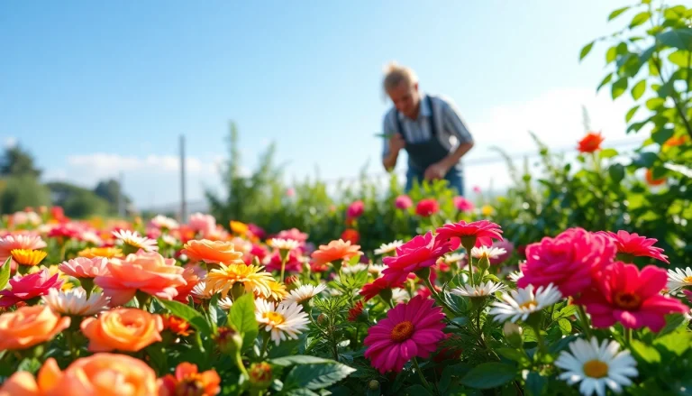 Gartenbau mit bunten Blumen und einem Gärtner, der Pflanzen pflegt.
