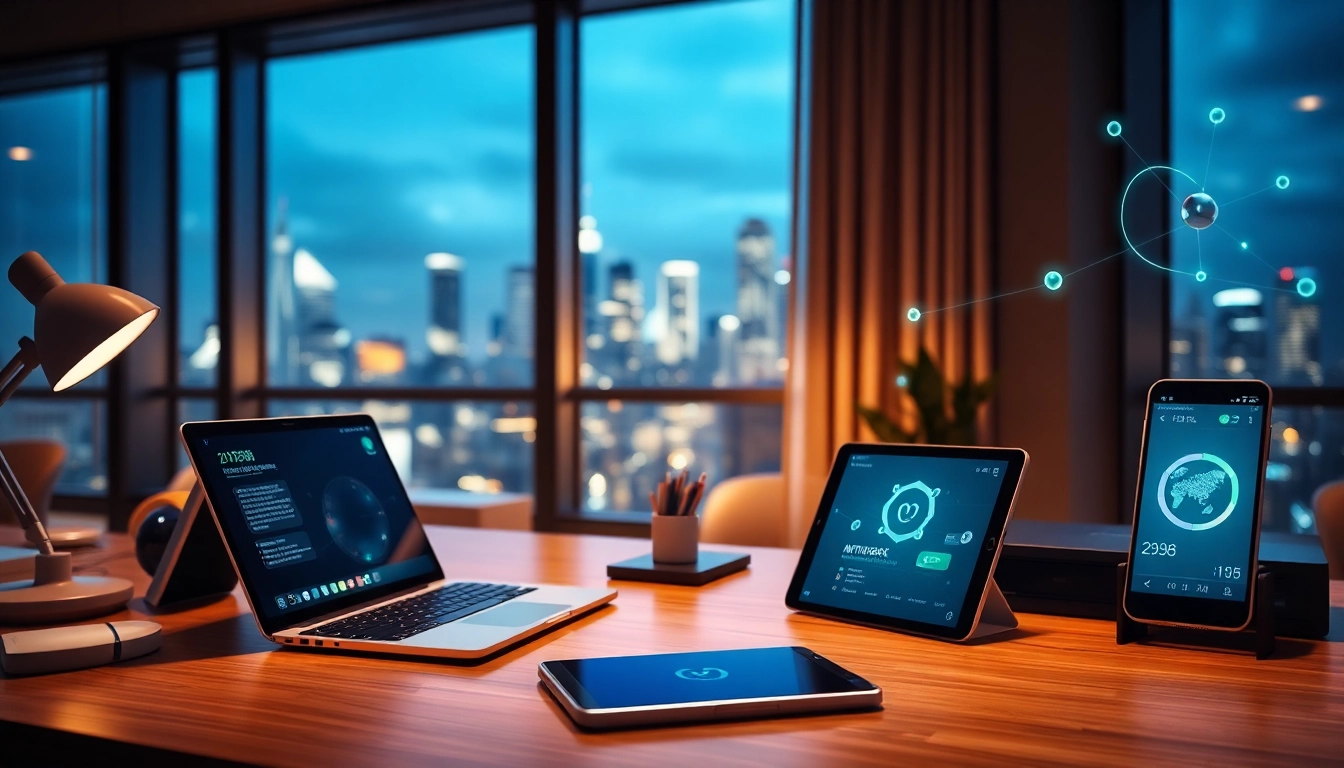 快连官网 interface on modern devices in a professional workspace, emphasizing connectivity.