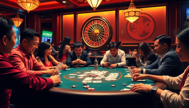 Players enjoy an exciting game bài at a vibrant casino table, surrounded by chips and cards.