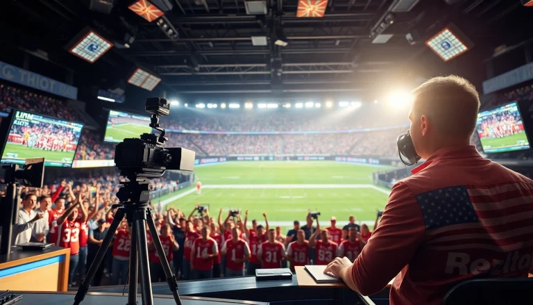 Sports Broadcasting setup showcasing dynamic studio with sportscaster and live events.