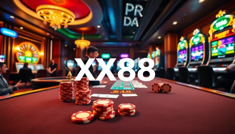 Thrilling casino action at XX88 with vibrant poker chips and a roulette wheel.