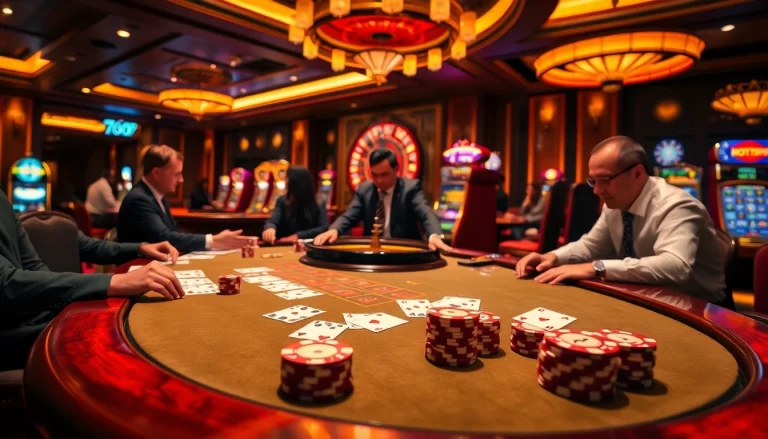 Join the excitement at HOT789's poker table featuring vibrant chips and thrilling action.