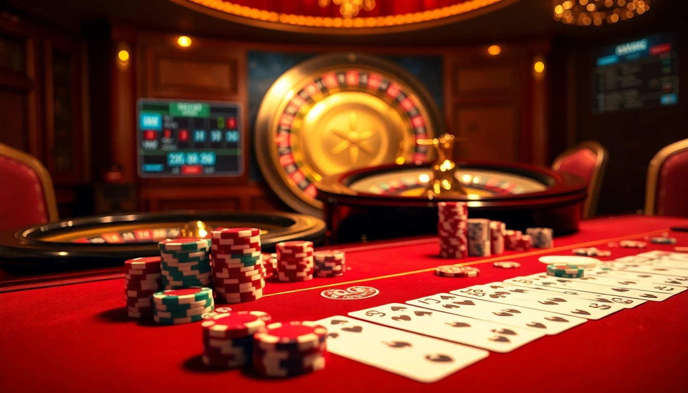 Dive into the excitement of daga gameplay at a glamorous poker table, surrounded by colorful chips and a roulette wheel.