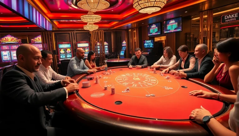 An exciting scene at Nhà Cái DA88 casino featuring poker players, slot machines, and a roulette wheel.