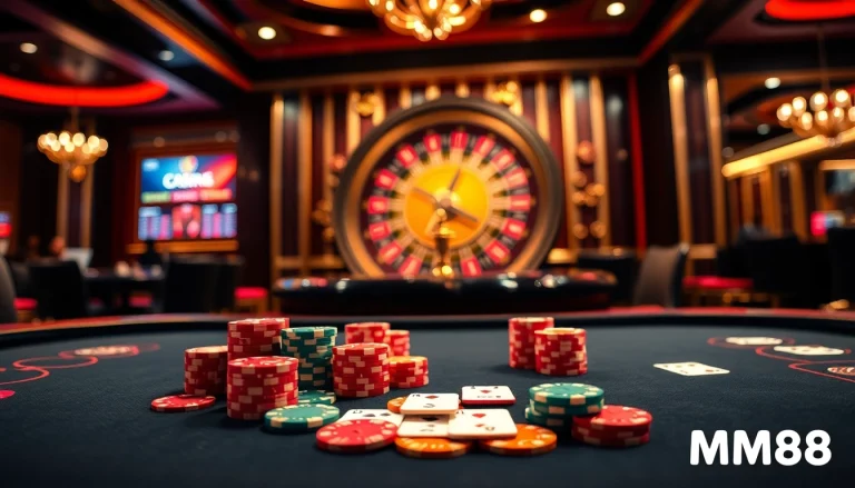 Experience high-stakes excitement at an MM88 casino with vibrant poker tables and roulette wheels.