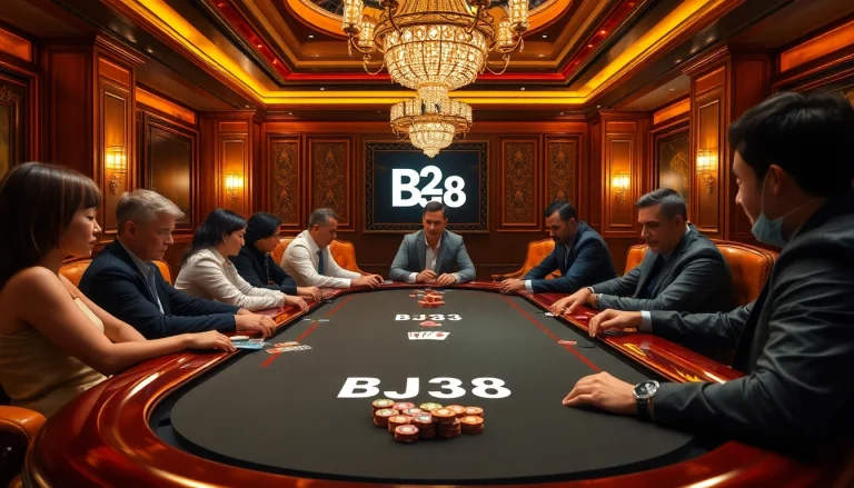 Players enjoying an exciting poker game at BJ38 casino with vibrant chips and cards.
