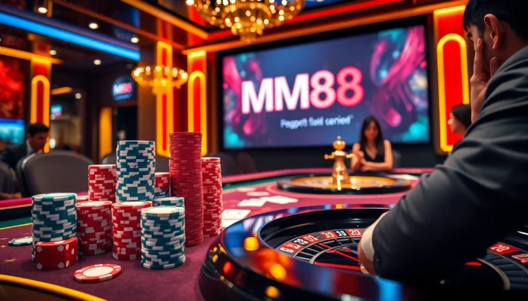 Winning big at MM88 casino with poker chips and playing cards in an exciting atmosphere.