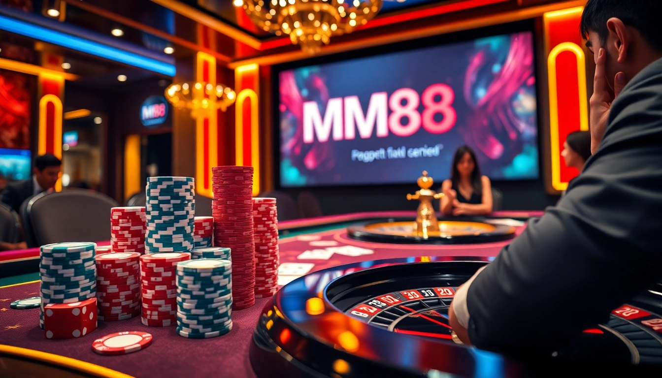 Winning big at MM88 casino with poker chips and playing cards in an exciting atmosphere.
