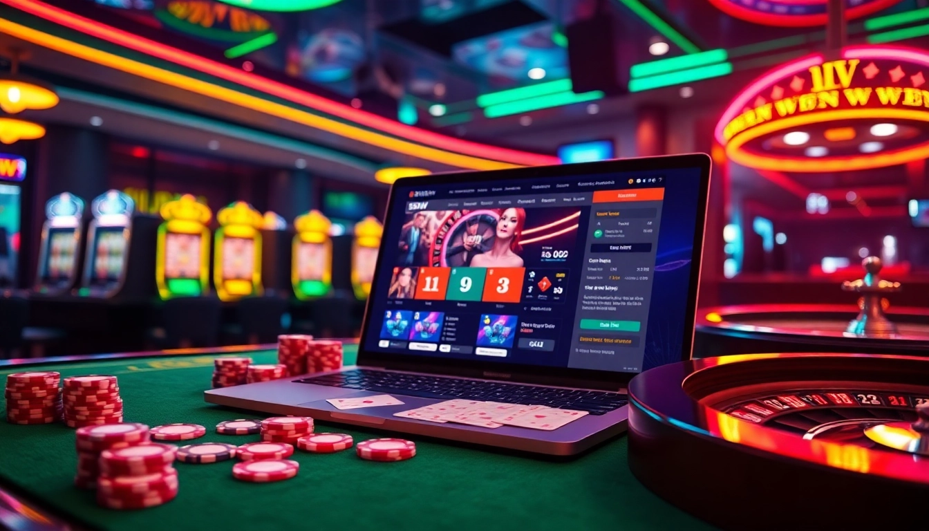 Experience the excitement of the 55WW gaming interface with vibrant casino elements like roulette and poker chips.