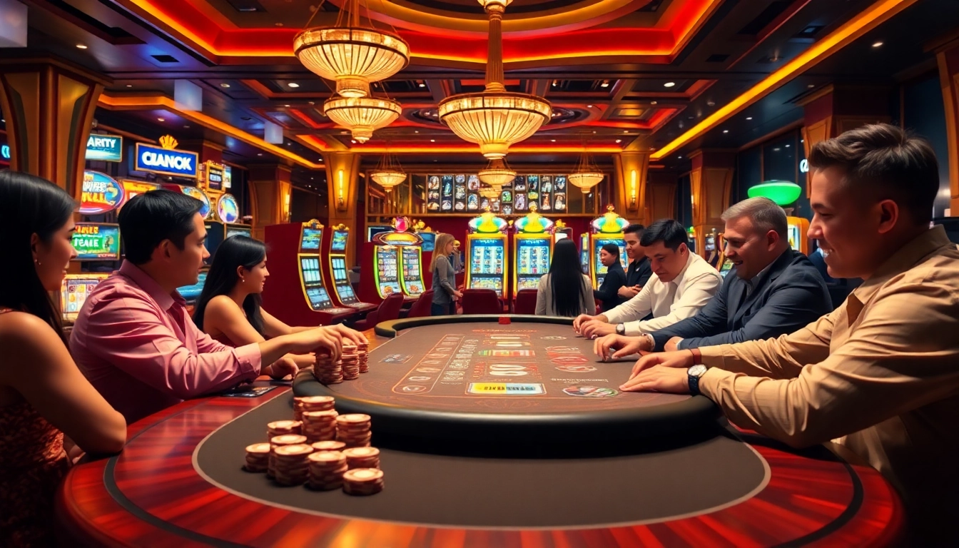 Players experiencing TR88 poker action at an elegant casino table under bright lights.