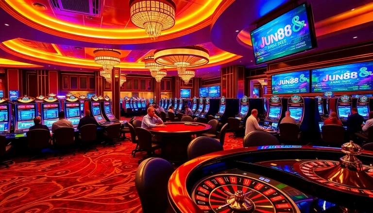 Experience the exhilarating atmosphere of Jun88 with vibrant casino tables and dynamic gaming action.