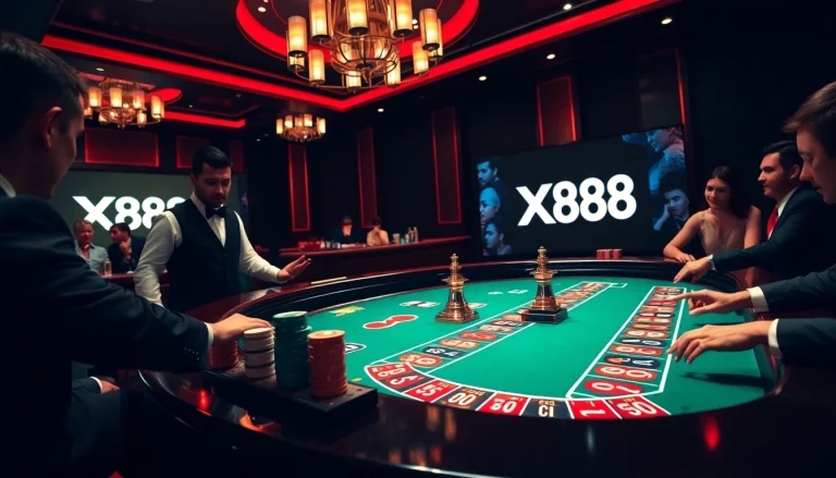 Experience the thrill of X88 gaming at a luxurious casino with action-packed roulette and poker tables.