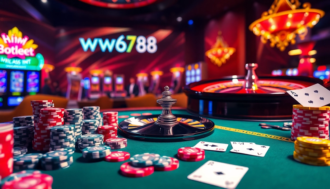 Experience the thrill of winning at https://win678.art/ with vibrant casino tables, chips, and cards.