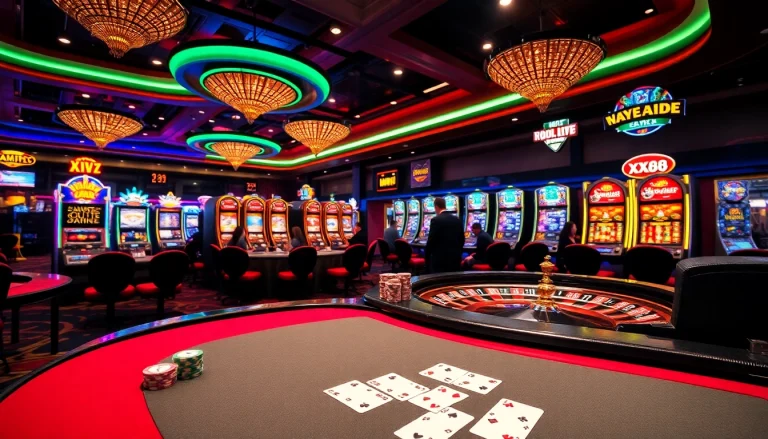 Exciting casino scene with players enjoying blackjack and roulette at XX88 casino.